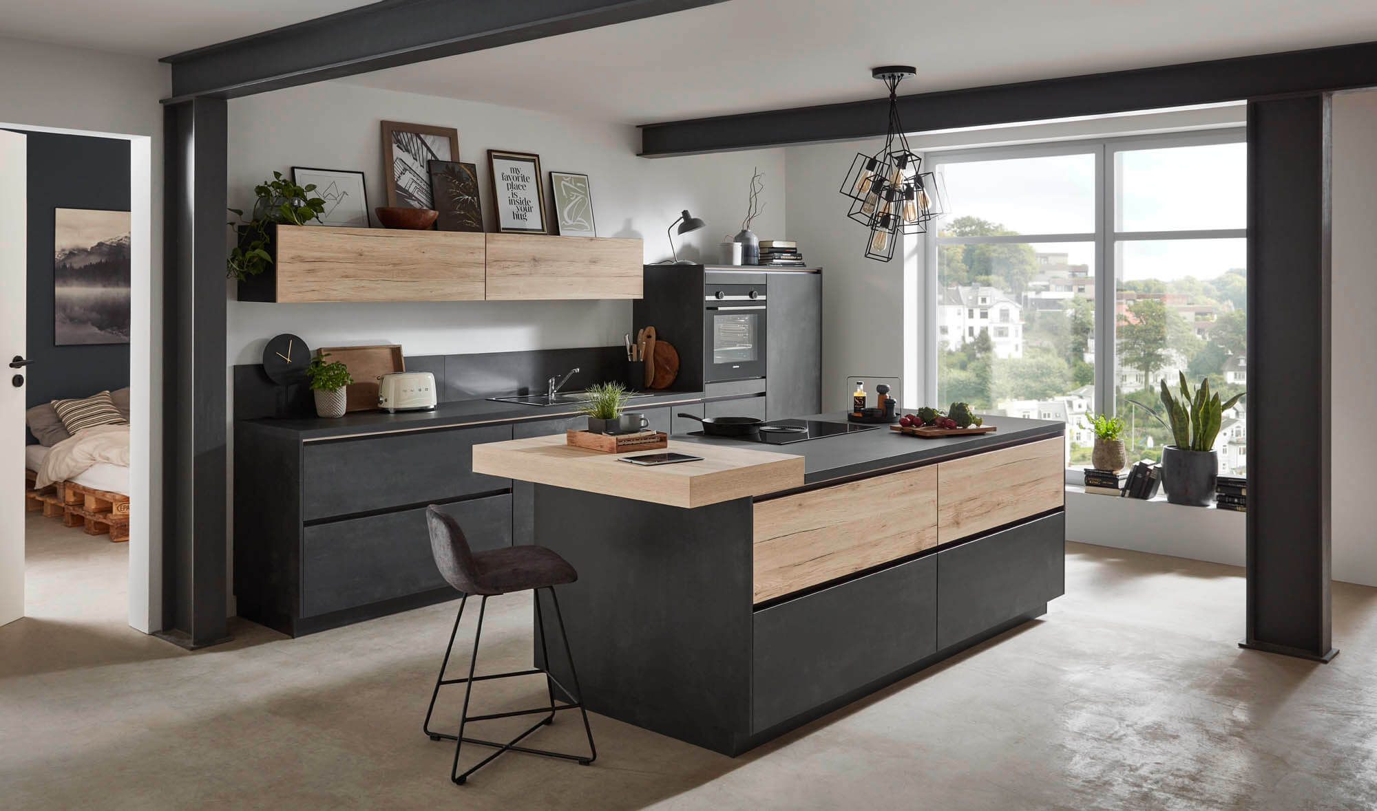 Prisma Inselkueche Betonoptik Schwarz matt