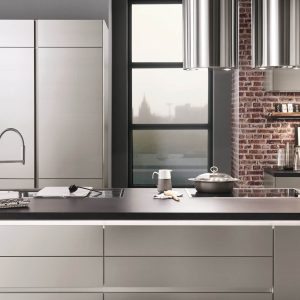 Nobilia Moderne Küche mit Insel Inox Edelstahloptik